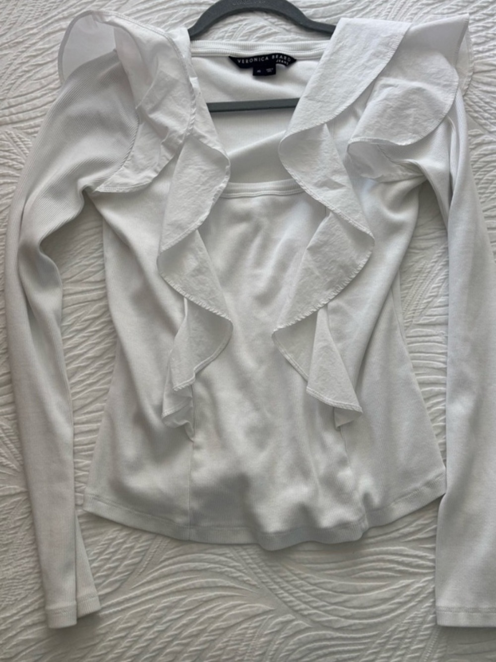 Veronica Beard White Ruffle-Trim Long Sleeve Top - Picture 2 of 3